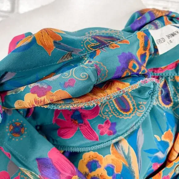 Vintage 80s Alfred Dunner Teal Pink Orange Floral Tie Neck Button Down Top 14 - Picture 9 of 9